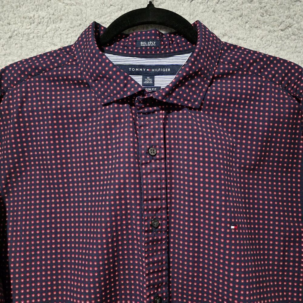 Tommy Hilfiger Button Down Shirt‎ Men XL Blue Red Plaid 100s 2-Ply Cotton Casual